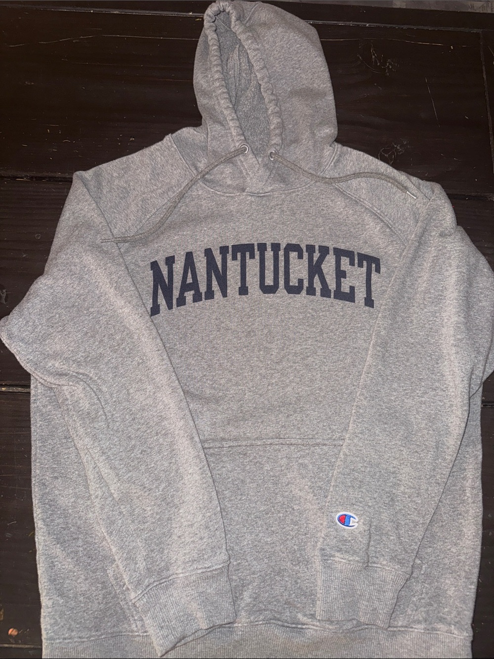 Champion Gray Nantucket Pullover Hoodie with Navy Lettering